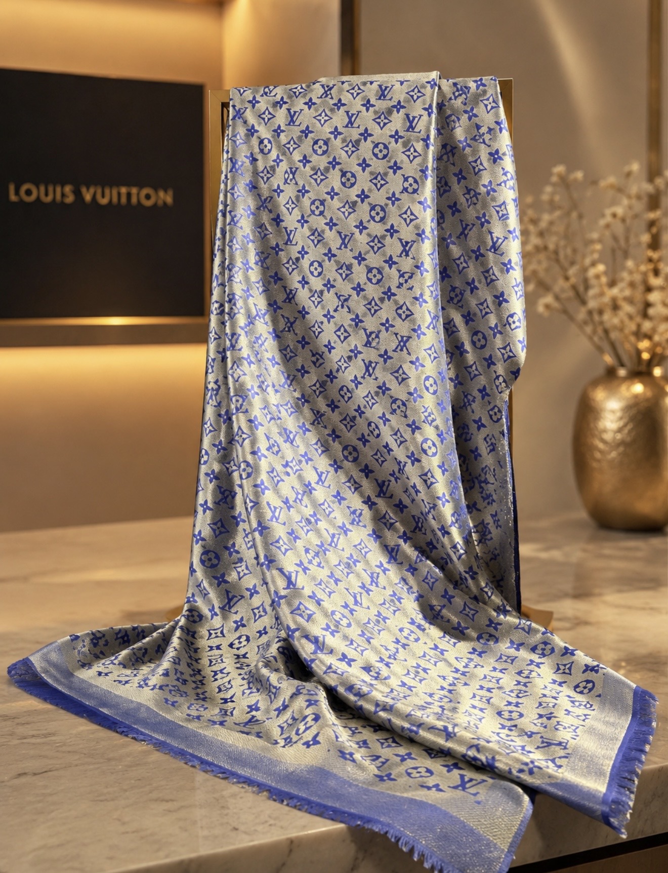 Louis Vuitton Monogram Blue Shawl / Scarf,Näyttävä luksushuivi ikoniseen tyyliin