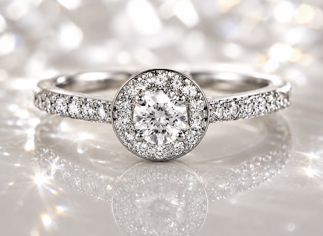 Upea Halo-timanttisormus 0,47 ct – 14K 585 valkokultaa